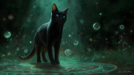 A mystical black cat with glowing emerald eyes stands gracefully in a dark, enchanted setting, symbolizing mystery, fantasy, and magical charm under a shadowy sky.