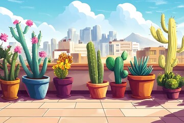 Desert rooftop garden in cartoon city with hardy cactus and aloe in quirky pots