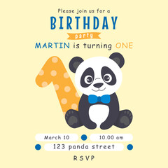Cute panda first birthday invitation card template for a boy. Vector illustration.