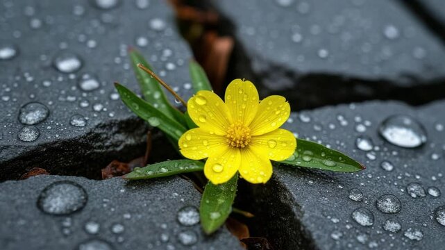 A yellow flower grows through cracks in a wet stone surface. Water droplets rest on the petals and leaves, highlighting the resilience of nature.