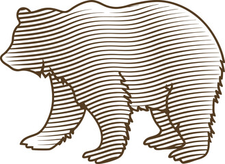 Brown bear silhouette made with continuous horizontal lines modern wildlife contour animal illustration, minimalist art