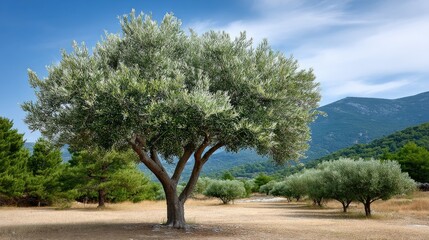 Fototapeta premium Olive trees showcase their beauty in the Greek countryside under a bright blue sky and soft clouds, surrounded by green grass
