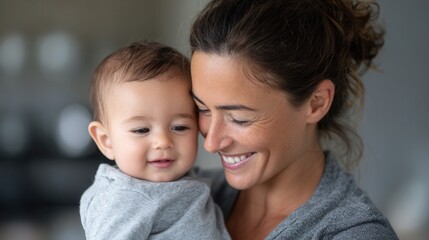 Caucasian female adult smiling holding baby close in tender moment.