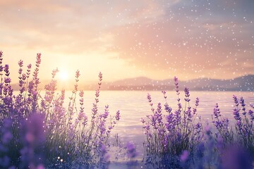 Dreamy lavender meadow floating on a crystal lake with sparkles in the air 