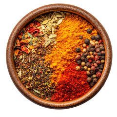 Assorted spices in a wooden bowl isolated on a transparent background. Top view of mixed herbs, ground turmeric, chili powder, cardamom, peppercorns, and dried seasoning blend for cooking use.