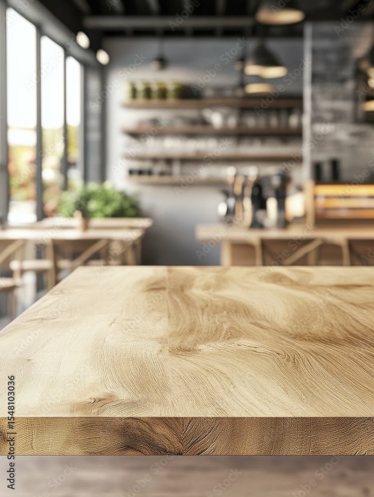Poster high quality image of wooden empty table in front blurred cafe background bar counter