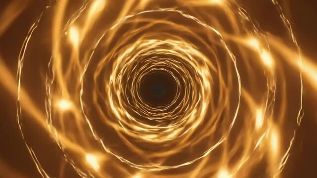 Golden light tunnel with swirling circular energy patterns creates mesmerizing vortex effect against dark background.