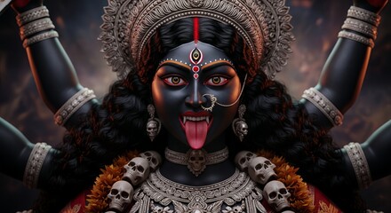 Close-up of fierce Goddess Kali with black skin, red tongue and skull necklace
