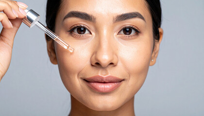 beautiful woman holding skincare serum