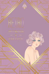 Art Deco design template with elegant flapper girl, geometric shapes, and decorative elements in dusty rose and gold tones. Perfect for invitations, fashion branding, events, or digital decor.