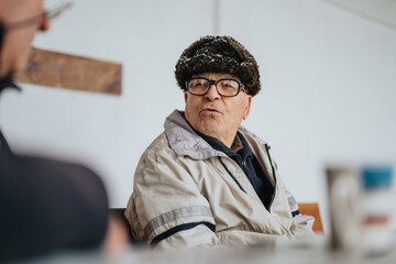 Elderly man with glasses and a hat sits comfortably indoors, engaging in a conversation, with a...