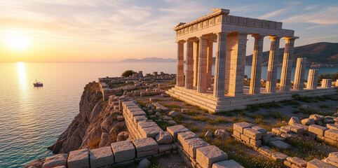 Obraz premium Ancient Greek Temple of Poseidon at Sunset