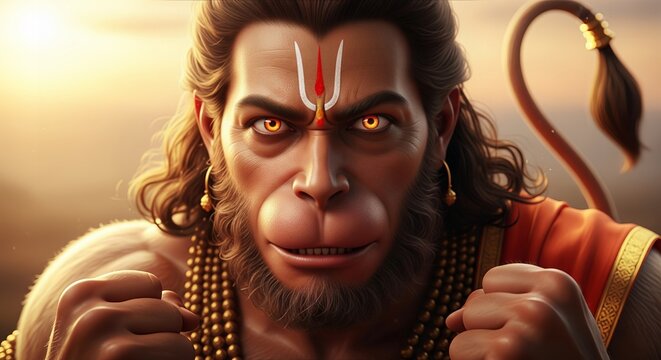 Mythological depiction of angry Hanuman with intense expression, glowing eyes, muscular body and spiritual symbols 
