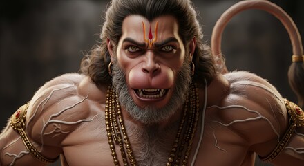 Fierce and powerful Lord Hanuman roaring with divine energy, adorned in sacred ornaments and glowing veins of strength