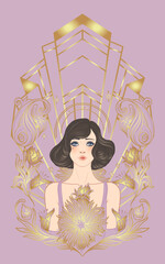 Art Deco design template with elegant flapper girl, geometric shapes, and decorative elements in dusty rose and gold tones. Perfect for invitations, fashion branding, events, or digital decor.