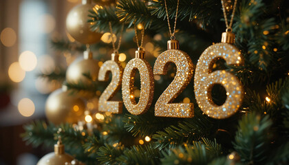 Gold Glitter 2026 Ornaments on Christmas Tree New Year