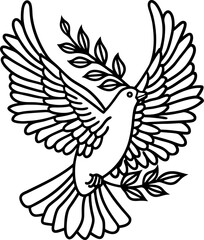 Fototapeta premium Dove carrying olive branches in flight outline black and white bird symbolizing peace and hope, linear illustration
