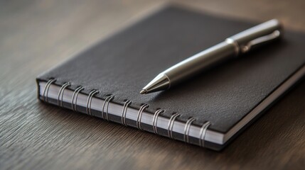 Dark notebook and pen on wooden surface