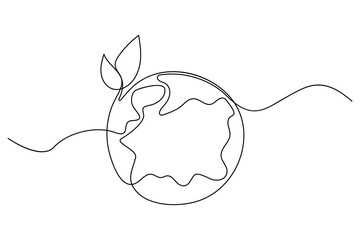 One line editable drawing of planet Earth and sprouting plant symbolizing green eco friendly living
