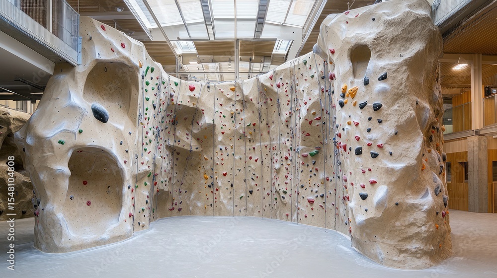 Poster simulated rock face with digital sensors embedded, futuristic indoor climbing setup