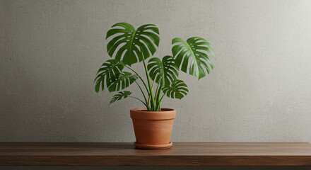 Obraz premium Green Plant in Terracotta Pot on Wooden Shelf Against Concrete Wall