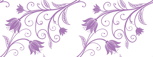 Purple floral seamless pattern with elegant swirl vines and blooming flowers. Ideal for textile, wallpaper, and decorative backgrounds. Soft, ornamental, and stylish vector design.
