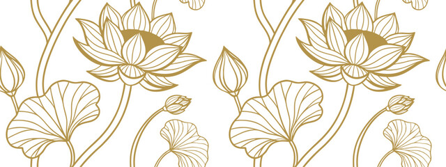 Elegant lotus flower seamless pattern in golden line art style. Hand-drawn floral illustration perfect for wallpapers, fabric prints, and decorative backgrounds. Ideal for luxury and nature designs.