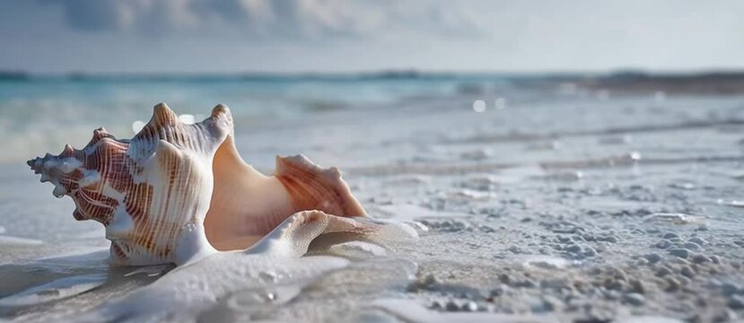 Close-up of a seashell resting on the shore with gentle waves approaching. A peaceful and minimalistic scene  for nature, travel, mindfulness, and coastal-themed visuals.