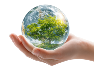 A hand holding a globe with a tree inside of it