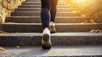 Climbing Steps Woman's Legs Ascending Stone Stairway in Sunlight , fitness, motivation