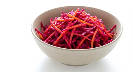 Fototapeta premium 彩り鮮やかビーツとニンジンの細切りサラダ 自然光で輝く野菜の瑞々しさ. AI Generated