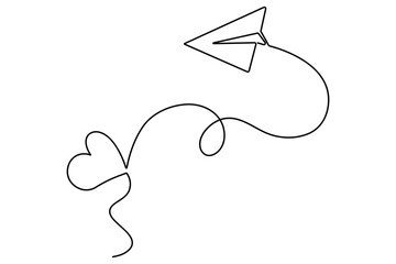 Paper plane flying with hearts in continuous one line drawing love card concept minimalist vector illustration
