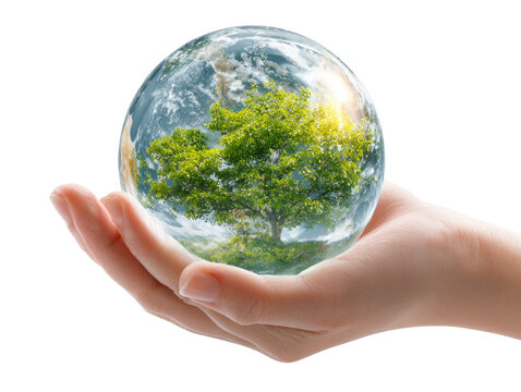 A hand holding a globe with a tree inside of it