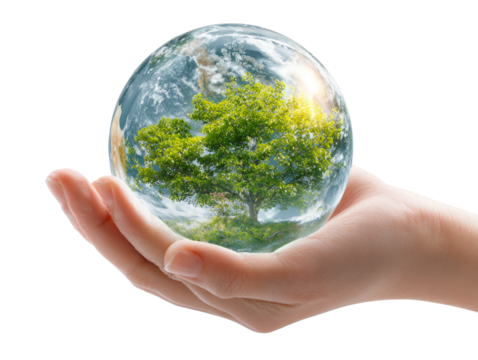 A hand holding a globe with a tree inside of it