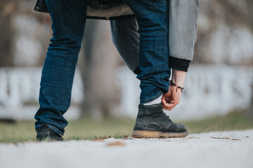 A person outdoors adjusts their pants near the ankle while dressed in casual clothing and durable boots, symbolizing readiness and outdoor activity.