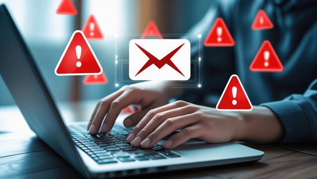 Person using laptop receives email error message with multiple red warning alerts