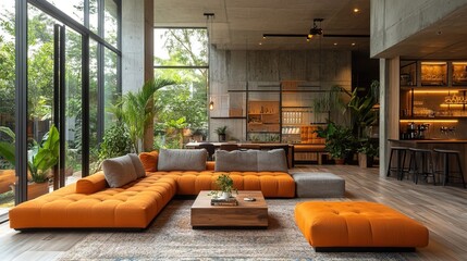 Bohemian Tropical Living Room Interior with Bold Colors and Lush Plants