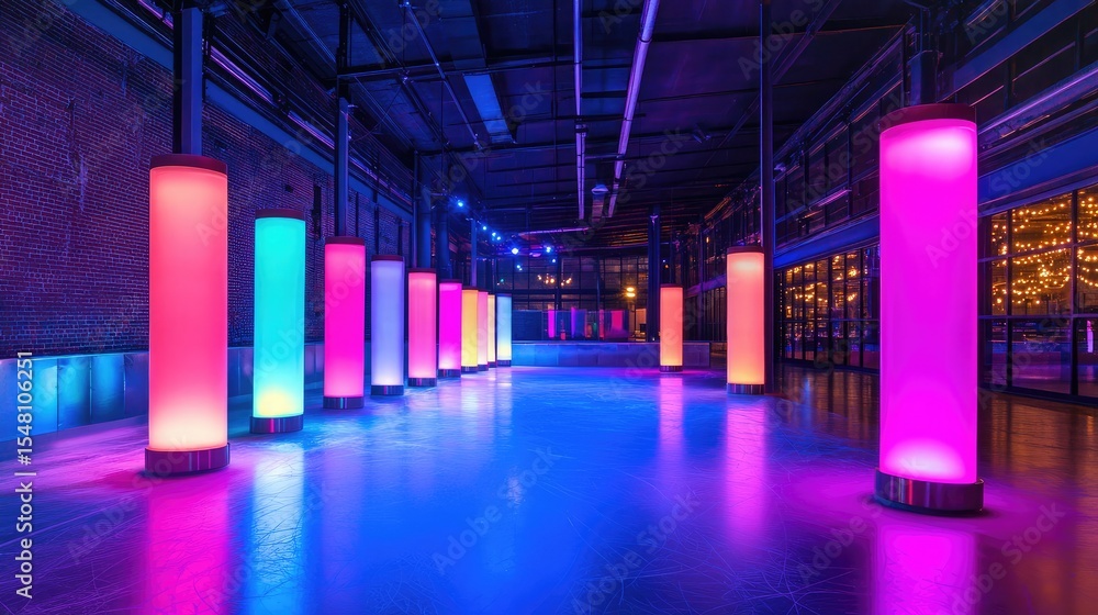 Poster skating rink surrounded by led pillars pulsing light in sync, modern design