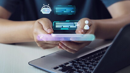  businessman is using a smartphone, symbolizing an AI chatbot concept with smart customer support, automated communication, and artificial intelligence integrated into mobile digital service