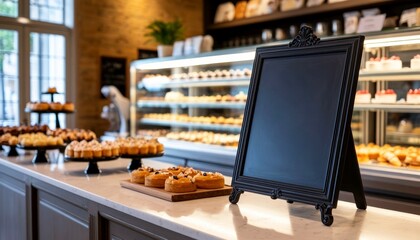 A cozy bakery interior with a display case filled with various pastries and desserts. A blank chalkboard sign stands on the counter, inviting customers.