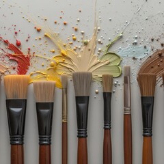 Colorful Paint Splashes and Art Brushes on a Canvas Background
