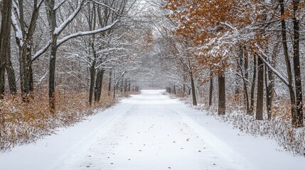 Obraz premium Snow-covered path leading to a frozen outdoor skating rink in a forest clearing