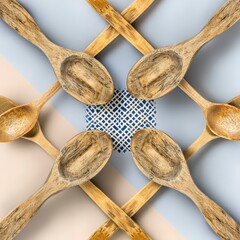 Arranged Wooden Spoons on a Geometric Background in Soft Colors