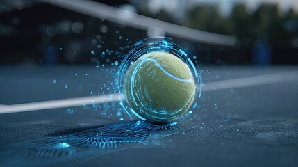 A futuristic tennis ball designed with digital textures sits on a smart court, highlighting the integration of innovation, data tracking, and enhanced training tools in modern sports.
