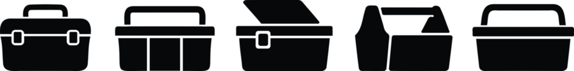 Storage container and toolbox silhouette icons in various shapes and sizes for organization and utility use