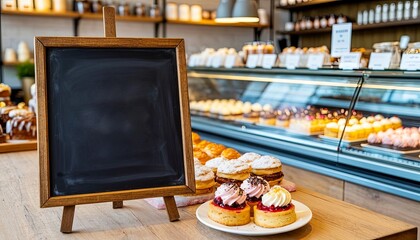 A cozy bakery interior with a display case filled with colorful pastries. A wooden chalkboard stands empty in the foreground, inviting customers to explore the treats.