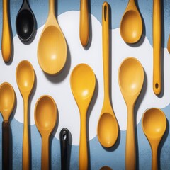 Wooden kitchen utensils on blue background with white cloud shapes