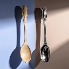 Elegant Contrast of Wooden and Metal Spoons with Shadows