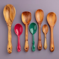 Variety of Wooden and Colorful Kitchen Spoons on Purple Background