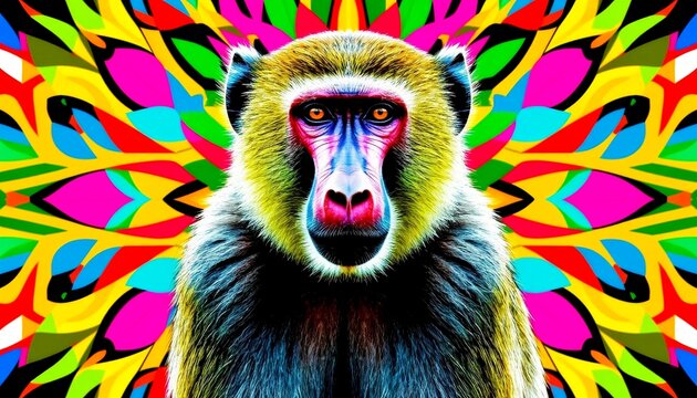 A close-up of a baboon with vibrant colors in the background. The baboon has a distinct face with bright eyes and a thick fur coat. The backdrop features a colorful, abstract pattern.